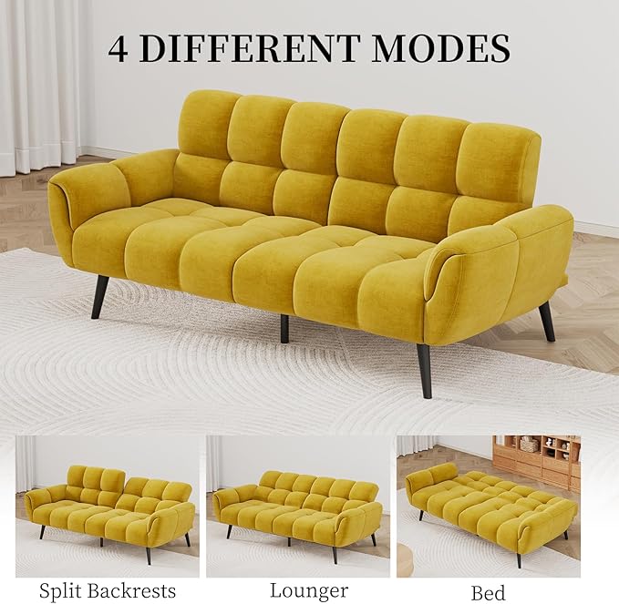 Convertible Futon Sofa Bed 76.77 Modern Linen Futon Couch Comfy Sleeper Sofa with Adjustable Backrests Couch Bed for Small Spaces Living Room Bedroom Apartment Yellow