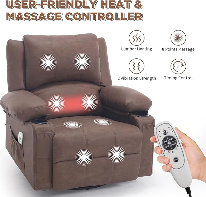 Faux Leather Swivel Rocker Recliner with Heat and Massage Cup Holders Overstuffed Rocking Glider Chair Heated Massaging Reclining Chair Earthy Brown