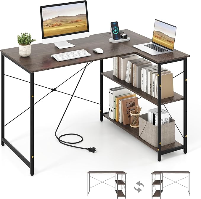 Giantex L Shaped Desk with Charging Station 47 Inch Reversible Computer Desk with Adjustable Storage Shelves &amp Metal Frame Modern Corner Desk for Home Office Studying Writing Gaming (Grey Oak)