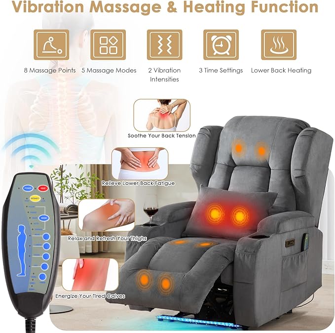 SAMERY Power Recliner Chair Set of 2 Electric Wall Hugger Recliners with Massage &amp Heat Comfy Reclining Sleeper Chair Movie Sofa Home Theater Seat with Cup Holders/USB Port/LED Light/Lumbar Pill
