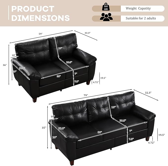 2+3 Seat Modular Sofa Set Faux Leather Sectional Couch with Deep Seats &amp Wide Armrests Mid-Century Tufted PU Upholstered Sofa Set for Living Room Apartment Office Vintage Storage Couch Black