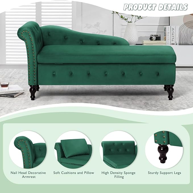 Upholstered Chaise Lounge with Left Armrest &amp Lumbar PillowButton Tufted Lounge Sofa with StorageLounge Chair IndoorModern Velvet Lounge Chair for Bedroom Living Room and OfficeGreen