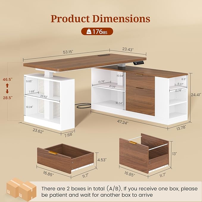 L Shaped Standing Desk Adjustable Height 53 Electric Office Desk with File Drawers &amp Storage Shelves Sit Stand Corner Computer Desk with Power Outlets Pegboard 6 Hooks White&amp Walnut