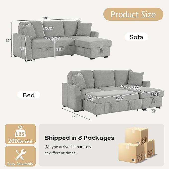 90 L-Shaped Sectional Sleeper Sofa with Reversible Storage Chaise Warp Knitted Fabric Upholstered Convertible Modular Couch with Acacia Wood Frame Drop-Down Center Back Cup Holders (Grey-12.30)