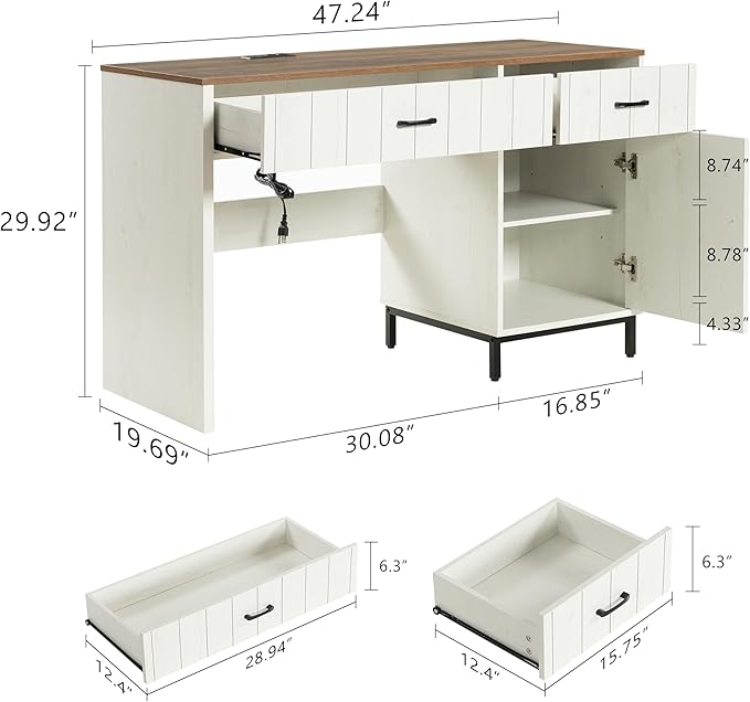 Farmhouse 47 Executive Desk Home Office Desk with File Drawer and Power Outlet Computer Desk with 2 Drawers and 1 Storage Cabinet Workstation for Office Home (White)