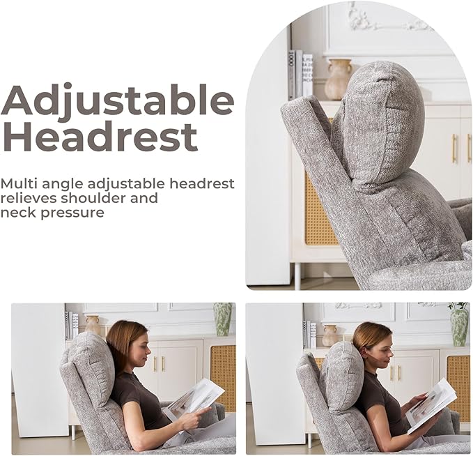 Oversized Swivel Rocker Recliner with Massage and Heat Rocker Nursery Recliner for Adults with Adjustable Headrest 26 Extra Wide Nursery Chair with 2 Pillows Light Grey