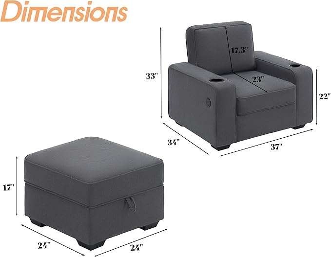 VanAcc Couch Sofa Chair with Storage Ottoman Modern Couch with Cup Holders &amp USB Charging Ports Deep Seat Sofa for Living Room(Charcoal Grey Chenille)