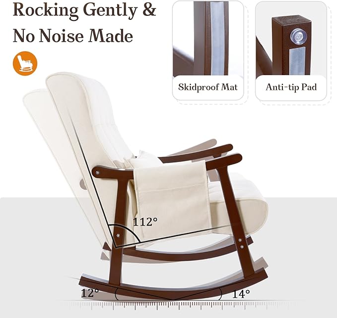 NOBLEMOOD Upholstered Rocking Chair with Ottoman Modern Indoor Nursery Glider Rocker Chair Solid Wood High Back Armchair with Fabric Padded Seat for Living Room Bedroom