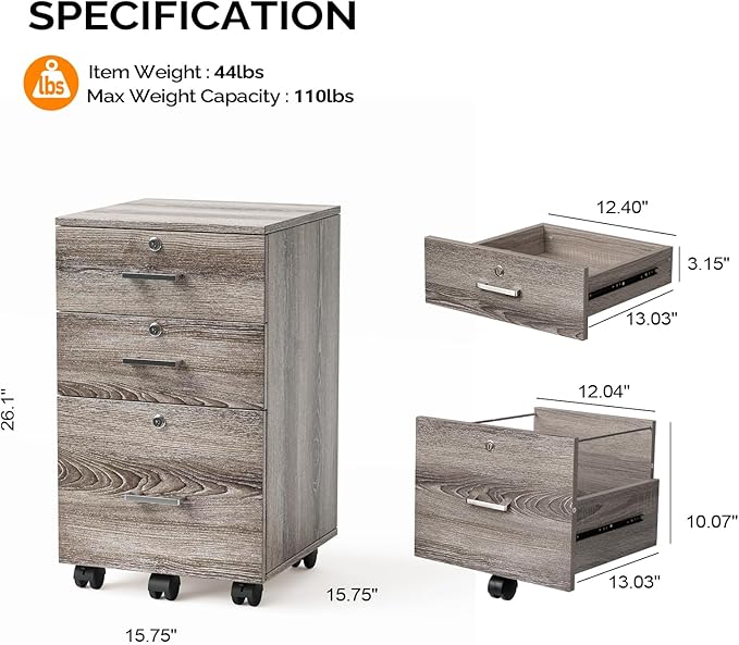VINGLI 3-Drawer File Cabinet with Lock Wood Rolling Filing Cabinets for Home Office Mobile Printer Stand Under Desk File Organizer for Letter Sized Files 26 H(Caster Included)Gray Oak