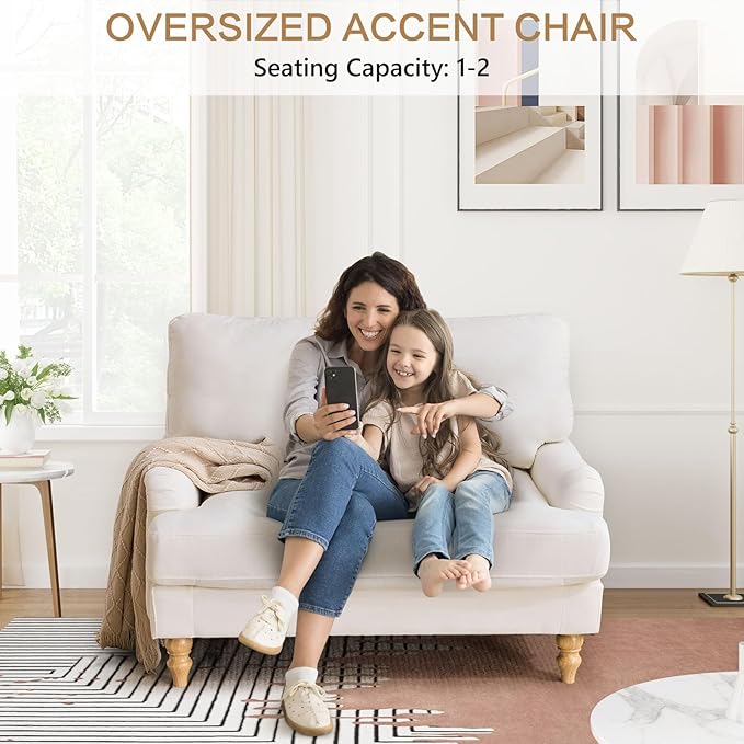 Bezseller Oversized Chair Indoor with Ottoman 46 W Upholstered Armrest Sofa Big Comfy Lounge Sofa Deep Seat Sleeper Chair for Living Room Apartment Bedroom Reading Room(Beige)
