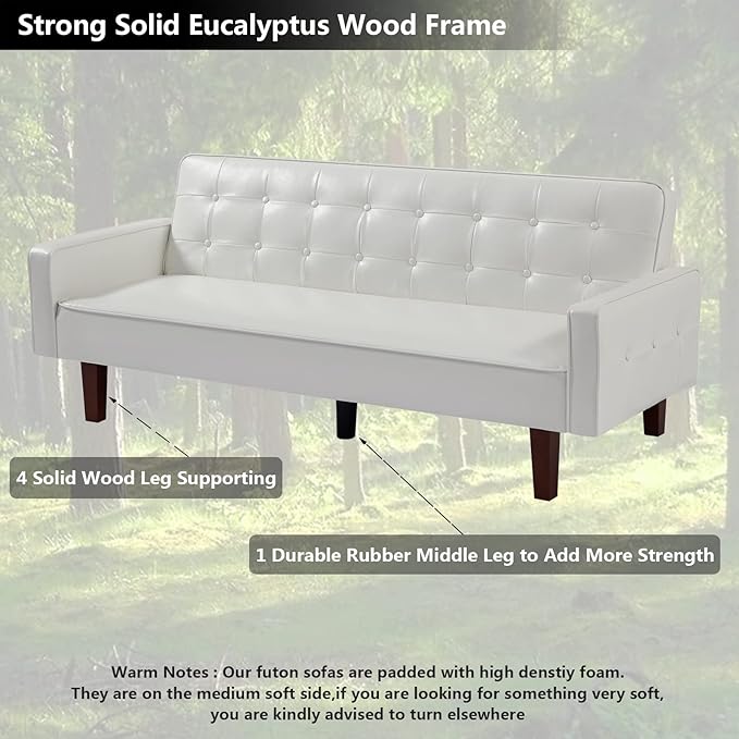 mikibama PU Faux Leather Futon Sofa Couch Upholstered Convertible Sleeper Sofa Bed Futons Modern Tufted 3 Seater Sofa Bed Couch for Living Room Apartment Small Spaces with Solid Wood Legs