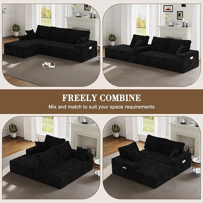 107 Sectional Couches 4 Seat Modular Sectional Sofa with Left Chaise Lounge Boneless Cloud Couch Upholstered Couch for Apartment Living Room No Assembly Required (Black Stripe)
