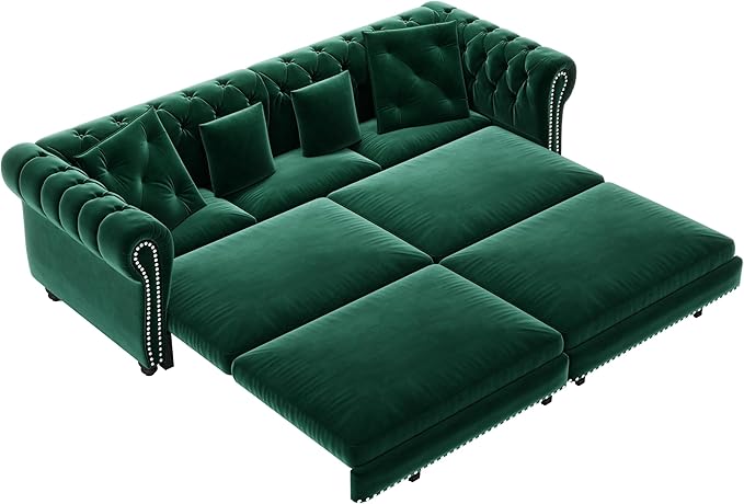 89'' Pull Out Sofa Bed King Chesterfield Velvet Sleeper Sofa Convertible L-Shaped Futon Couch Tufted Back 4 Pillows Ottoman Deep Seat Loveseat Couches for Living Room Apartment Green