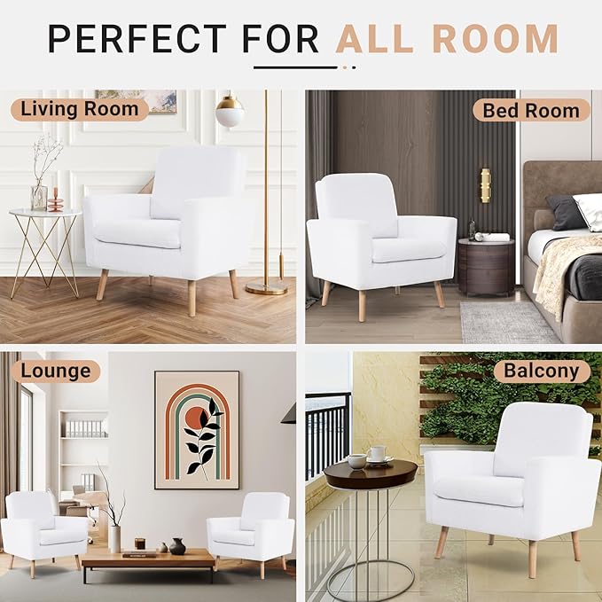 Naomi Home Frida Mid - Century Accent Chairs Set of 2 Durable Wood Frame Living Room Chairs Set of 2 Reading Chair with armrest Soft Teddy Fleece Side Chair Oak Legs arm Chairs - White