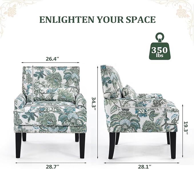 ANJ Floral Accent Chair with Lumbar PillowUpholstered Wingback Reading Armchair with Nailhead Trim Mid-Century Single Sofa Chair for Living Room Bedroom Green Floral