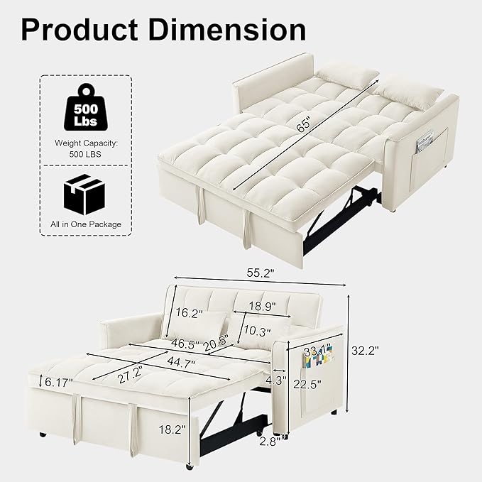 Convertible Sofa Bed 3 in 1 Sleeper Sofa with Adjustable Backrest Pull Out Couch Loveseat with 2 Pillows &amp Side Pockets for Living Room Bedroom Apartment 55 Velvet | Beige