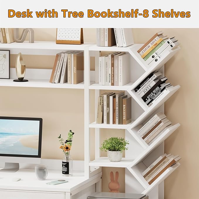 Reversible Computer Desk with Hutch Home Office Desk with 5 Drawers and Bookshelf 52'' Study Writing Desk with Storage Shelves for Bedroom Home Office White