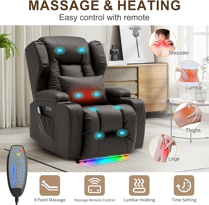 DRMBOOK Power Recliner Chair Electric Wall Hugger Reclining Sofa with Massage &amp Heat Overstuffed Theater Seating with LED/USB Port/Cup Holders for Living Room (Leather Brown 2 Chairs)