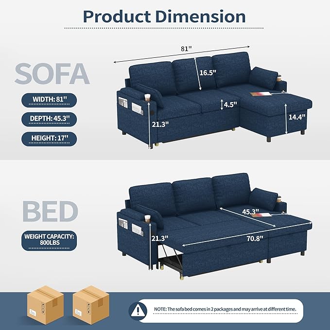 DURASPACE Sleeper Sofa Bed Pull Out Couch 2 in 1 Convertible Sofa Sleeper with Storage L Shaped Sectional Couch Bed for Small Spaces Living Room Bedroom Apartment (Blue)