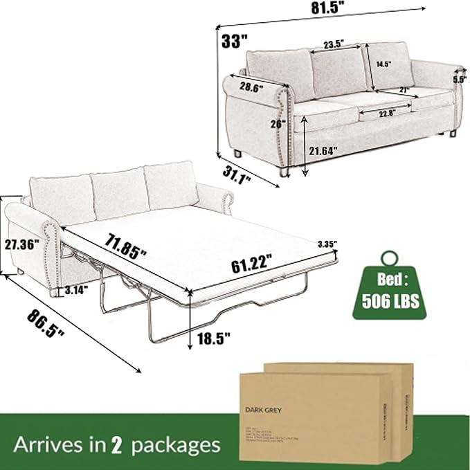Pull Out Sofa Bed Queen Size Sleeper Sofa with Memory Foam Mattress 3 in 1 Convertible Pullout Couch Bed 3-Seater Comfy Upholstered Loveseat Sofas for Living Room Guest Room RV (Grey Linen)