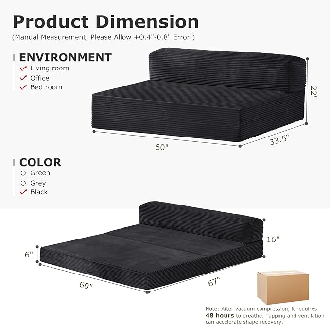 6-inch Folding Mattress Convertible Sofa Bed Foldable Floor Mattress Sleeping Couch with Removable Corduroy Cover &amp Carry Handles High-Density Foam Guest Bed Mattress (Black Queen)