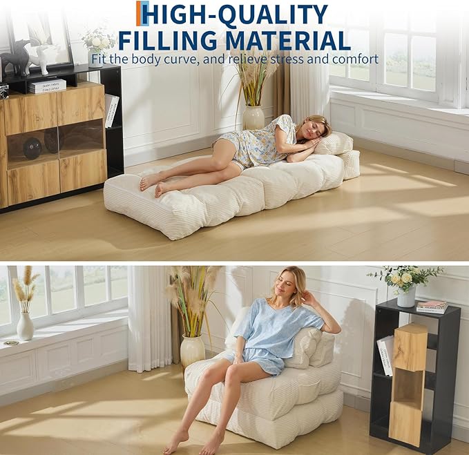 Garvee Folding Sofa Bed Convertible Sleeper Chair with Pillow Foldable Mattress with Back Support Boneless Fold Out Chair Bed Comfy Floor Sofa Lounge for Living Room Bedroom Beige Single