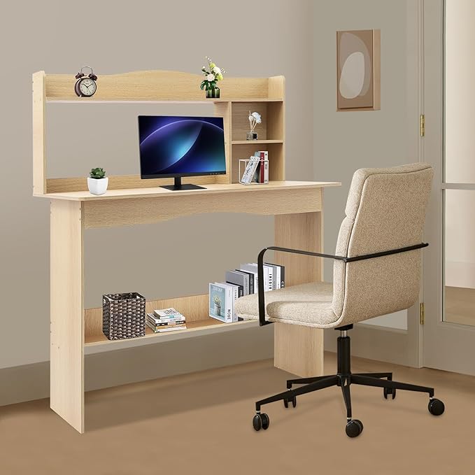 Home Office Desk with Bookshelf Writing Study Desk with Hutch Modern Computer Workstation PC Laptop Desk for Small Space Bedroom Study Rooms Children's RoomsWood Color