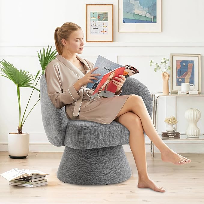 Swivel Accent Chair Sherpa Bucket Chair Velvet Upholstered Armchair 360° Swivel Bucket Shaped Armchair with Pillow and Round Back for Living Room Bedroom Nursery (Gray)