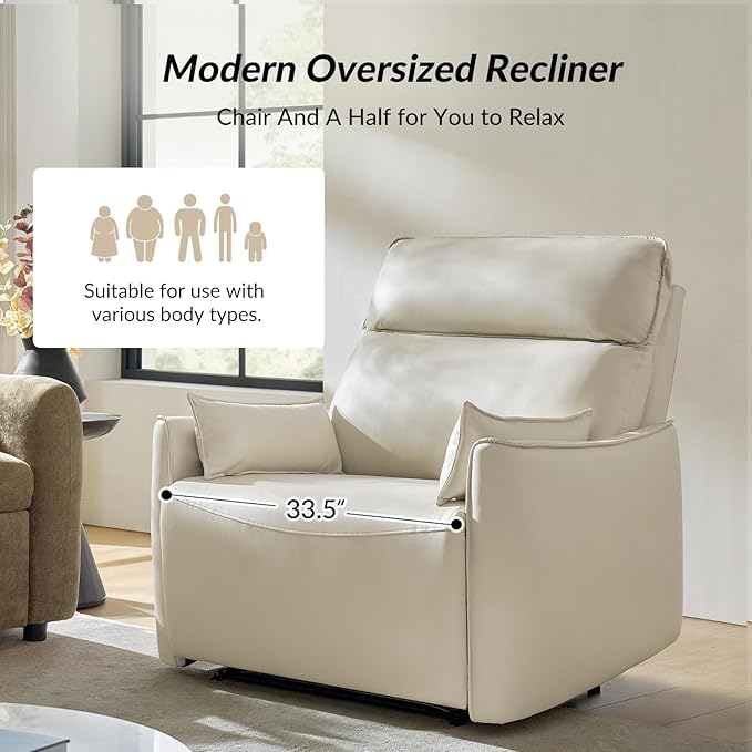 HULALA HOME Faux Leather Oversized Recliner Chair Manual Pushback Recliner with Extra Wide Seat and Thick Padded Backrest for Living Room Ivory
