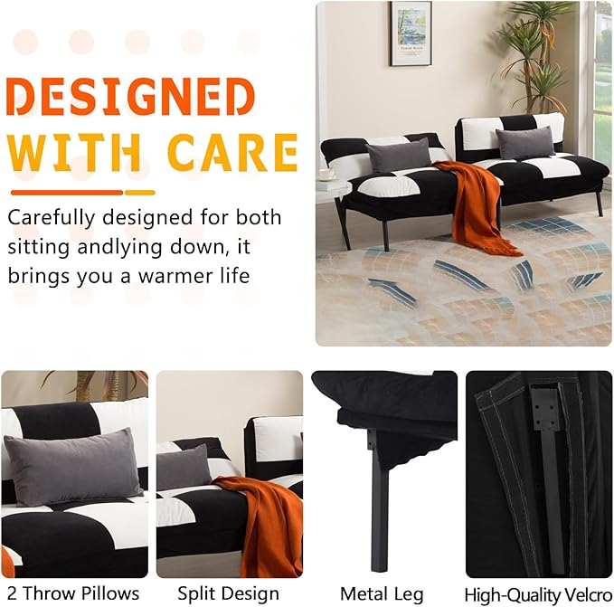 78 Modern Sofa Bed FutonConvertible Sleeper Bed Couch with 4 Reclining BackrestComfy Velvet Cloud Sofa Loveseat for Living Room Bedroom Office (Black+White)