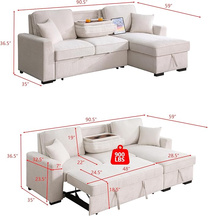 INSTORY Sectional Sleeper Sofa with Pull-Out Bed Drop-Down Table USB &ampType-C Port Cup Holders Beige