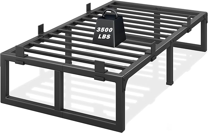 Twin XL Bed Frame 14 Inch Metal Platform Bed Frames with Squeak Free U-Slot Design 6 Non-Slip Guards 3500lbs Heavy Duty Steel Slat Support No Box Spring Needed Under Bed Storage Black