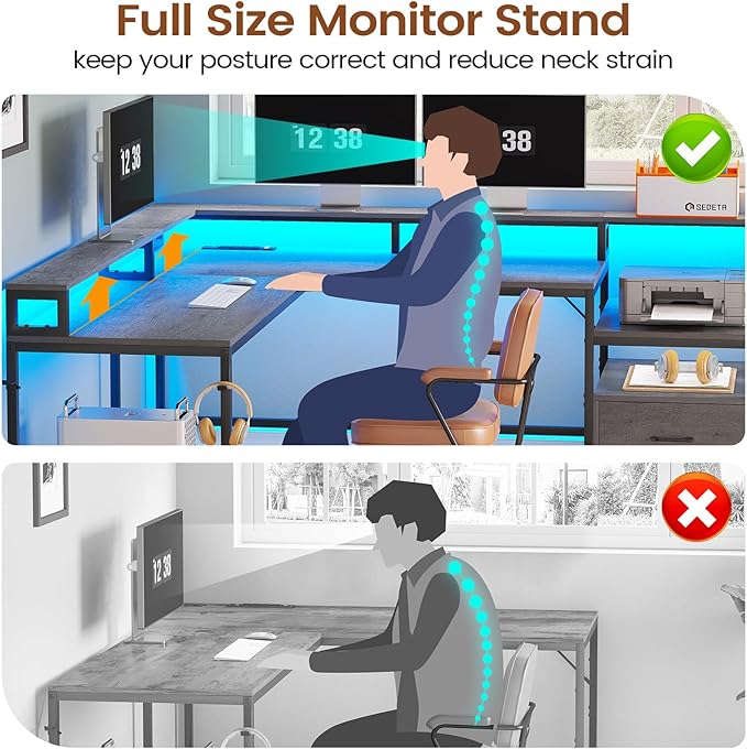 SEDETA L Shaped Desk 66 Home Office Desk with Wood File Drawer &amp Power Outlet Gaming Desk with Led Lights Corner Computer Desk with Monitor Shelf Printer Storage Shelves Two Person Desk Gre