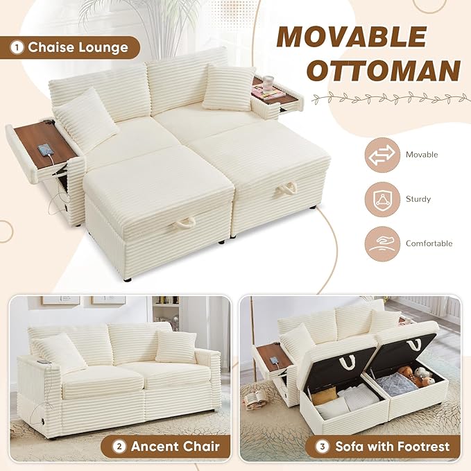 Chaise Lounge Chair Indoor 68 W Corduroy Loveseat Sectional Couch with Sorage Ottoman/Wing Table/Charge Ports/Cup Holder Modern Comfy Deep Seat Reading L-Shape Sofa for Living Room White