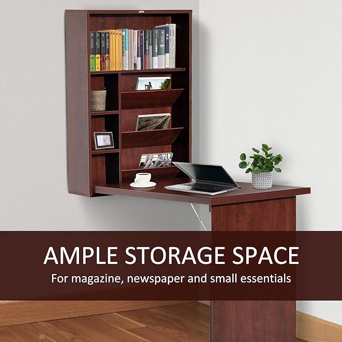 Wall Mounted Office Desk Fold Out Convertible Computer Desks with Storage Shelves Multi-Function Folding Wall Desk Writing Table for for Small Spaces Home Office (Brown)