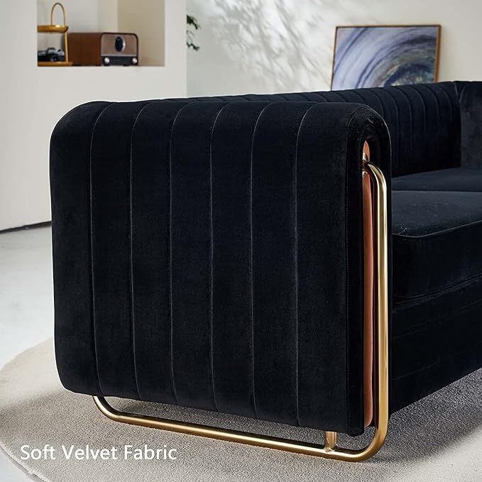 KEVINSPACE 84.25 Modern Sofa Couch Velvet Loveseat Sectional Sofa Couch with Gold Legs for 3-4 Persons Upholstered Deep Seat Love Seat Mid-Century Sofa for Living Room Office Apartment Black