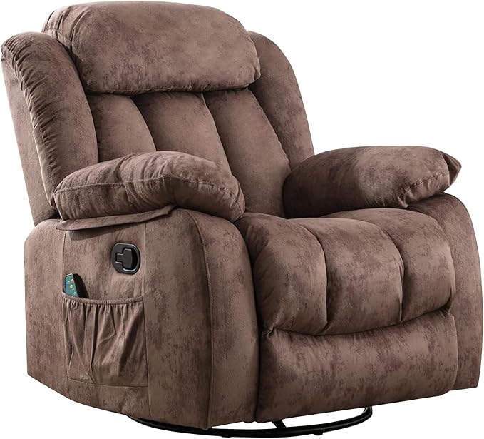 INZOY Rocker Recliner with Heat and Vibration Manual Swivel Rocking Chair with Vibrating Massage Comfy Padded Overstuffed Soft Fabric Heated Recliner (Brown)