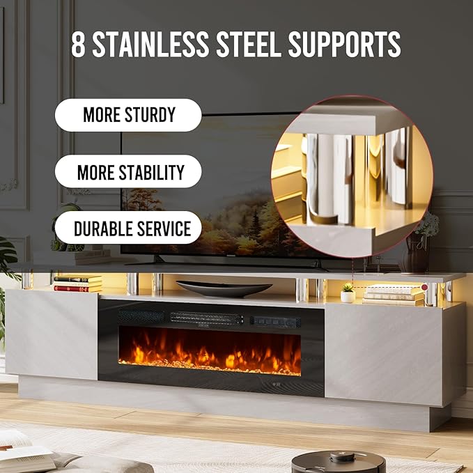 70 TV Stand for Living Room Entertainment Center with Storage Cabinet Fits TVs up to 80 Modern Media Console with Shelves 36 Electric Fireplace (Grey+Black)