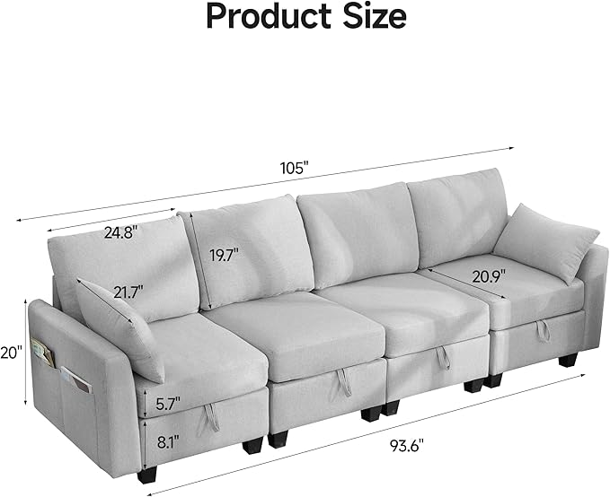Convertible 4 Seats Sectional Sofa Couch Linen Fabric Modular Sofa with Storage Space for Small Apartments Living Room Office and Commercial Space Light Gray