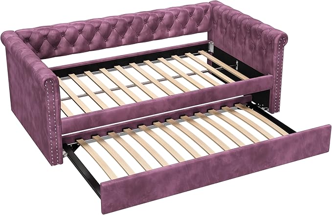 Merax Twin Size Upholstered Daybed with Trundle Modern Velvet Sofa Bed with Tufted Button Design and Curved Armrests for Living Room Bedroom and Guest Room No Box Spring Needed Purple
