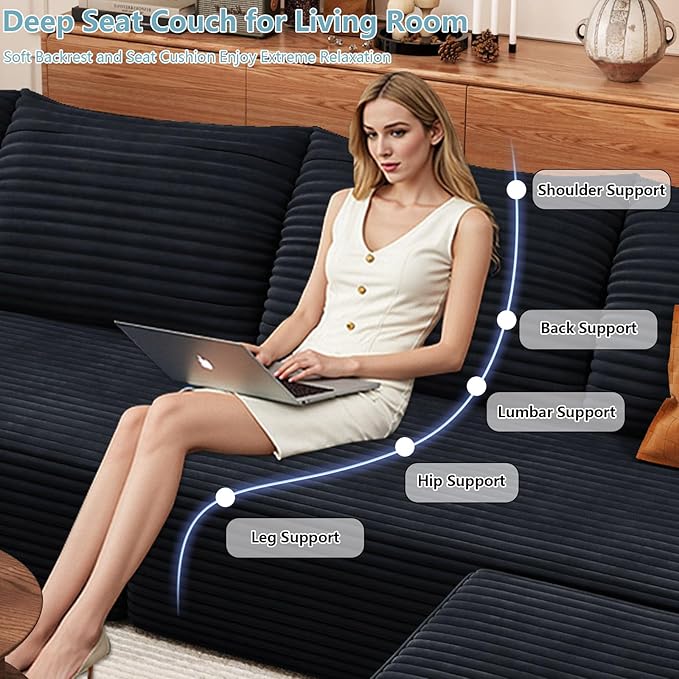 136 U Shaped Cloud Sectional Couch with Fluffy Corduroy Deep Memory Foam Seats Sofa with 1 Ottoman for Living Room No Assembly Required(BlackLeft-Facing Chaise)