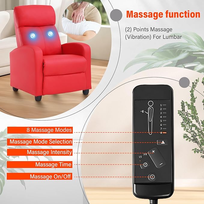 Recliner Chair PU Leather Massage Single Sofa Home Theater Seating Breathable Padded Reading Sofa with Footrest for Bedroom Living RoomRed