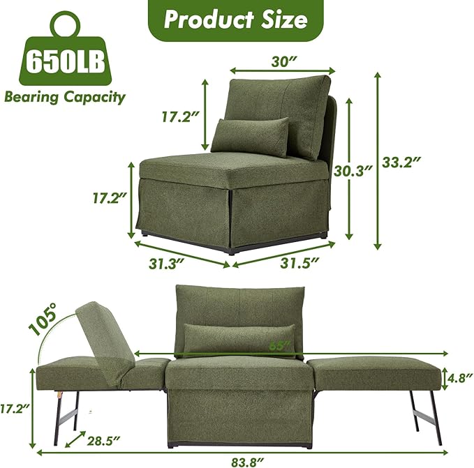 Sleeper Chair Bed Upgrade 4-in-1 to 5-in-1 Convertible Multi-fuction Sofa Chair w/Adjustable Backrest Assembly-Free Linen Folding Sofa Ottoman Bed for Living Room Apartment (Deep Green)
