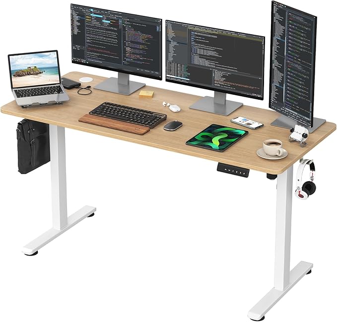 Electric Height Adjustable Standing Desk with Splice Board - Computer Gaming Desks Home Office Corner Desks Bedroom Craft Study Table Work Standing DeskNatural