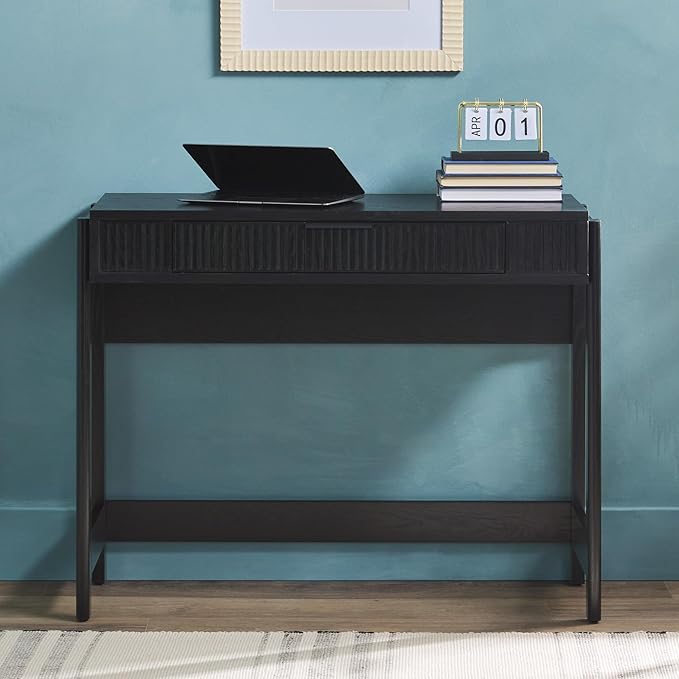 Walker Edison Transitional Style Furniture Reeded Detail Lift-Top Desk with Drawer and Storage Cubby Sitting to Standing Desk Soft Self-Close Desktop 38 Inch Black