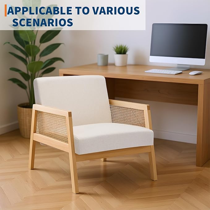 Mid Century Modern Accent Chair Comfy Living Room Chairs with Sturdy Wood Legs Rattan Backrest &amp Beige Thick Linen Cushion Armchair for Bedroom Balcony Apartment (Beige-A) 2 PCS