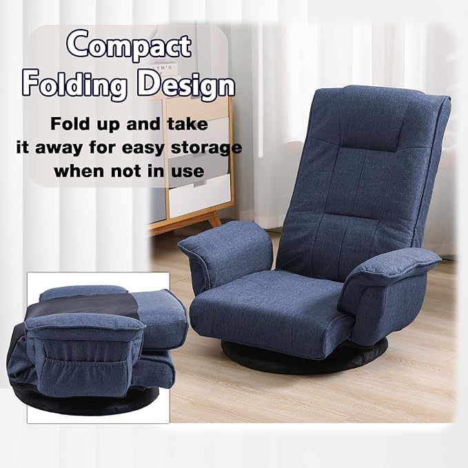 360 Degree Swivel Floor Chairs for Adults Gaming Floor Chair with Back Support 14 Angles Adjustable Comfortable Floor Lounge Chair Folding Video Game Chairs Office Bedroom 201(Blue)