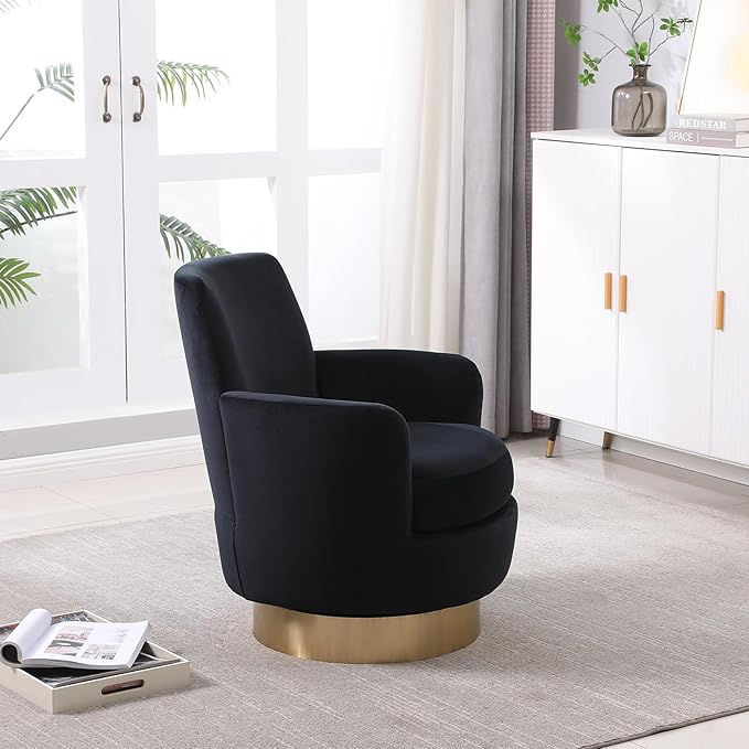 360° Swivel Barrel Accent Chair Comfy Round Accent Chairs with Gold Iron Base &amp Dual-Layer Cushion Modern Lounge Reading Armchair Upholstered Sofa Chair for Living Room Bedroom(Velvet Black)