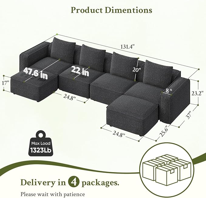 132 Sectional Couch Locked-in Modular Sectional Sofa Wood Frame Couches for Living Room 22 Deep Seat U Shaped Couch with Ottoman Chenille Cloud Sofa Tool-Free Setup Sofas for Living Room