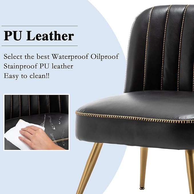 Andeworld Modern Accent Chair Set of 2 Upholstered Leather Living Room Chairs Elegant Armless Cute Small Side Club Chair with Golden Legs for Bedroom-Black